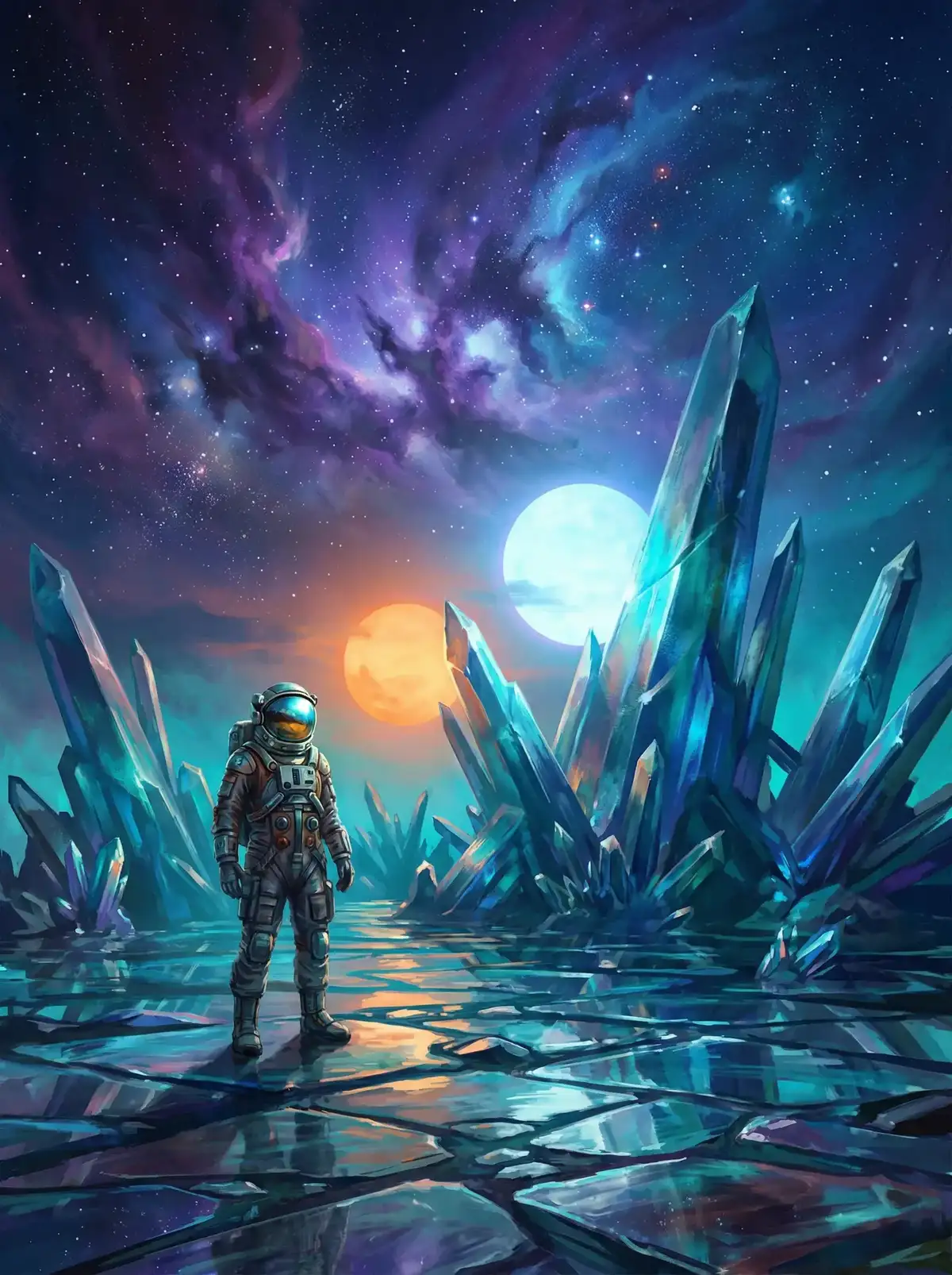 海角- - 异星探索者在结晶星球表面行走